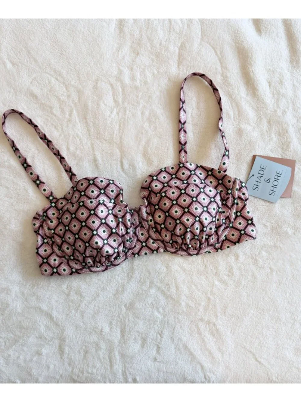 NWT Shade & Shore Pink and Black Geometric Patterned Underwire Bikini Top - 34DD